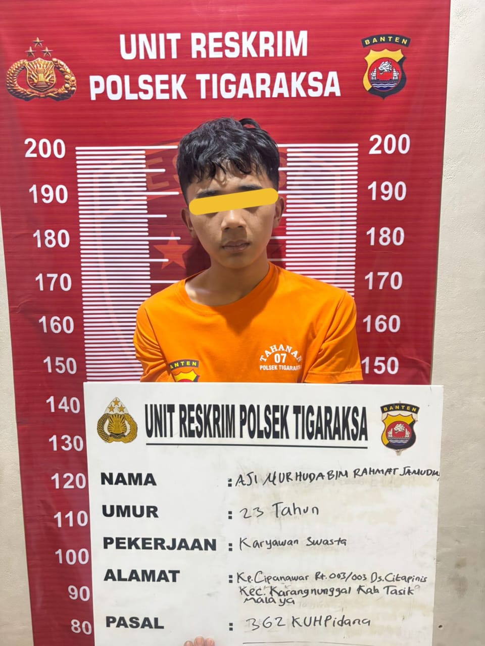 Seorang pria berinisial AN (23) dibekuk Unit Reskrim Polsek Tigaraksa Polresta Tangerang Polda Banten.