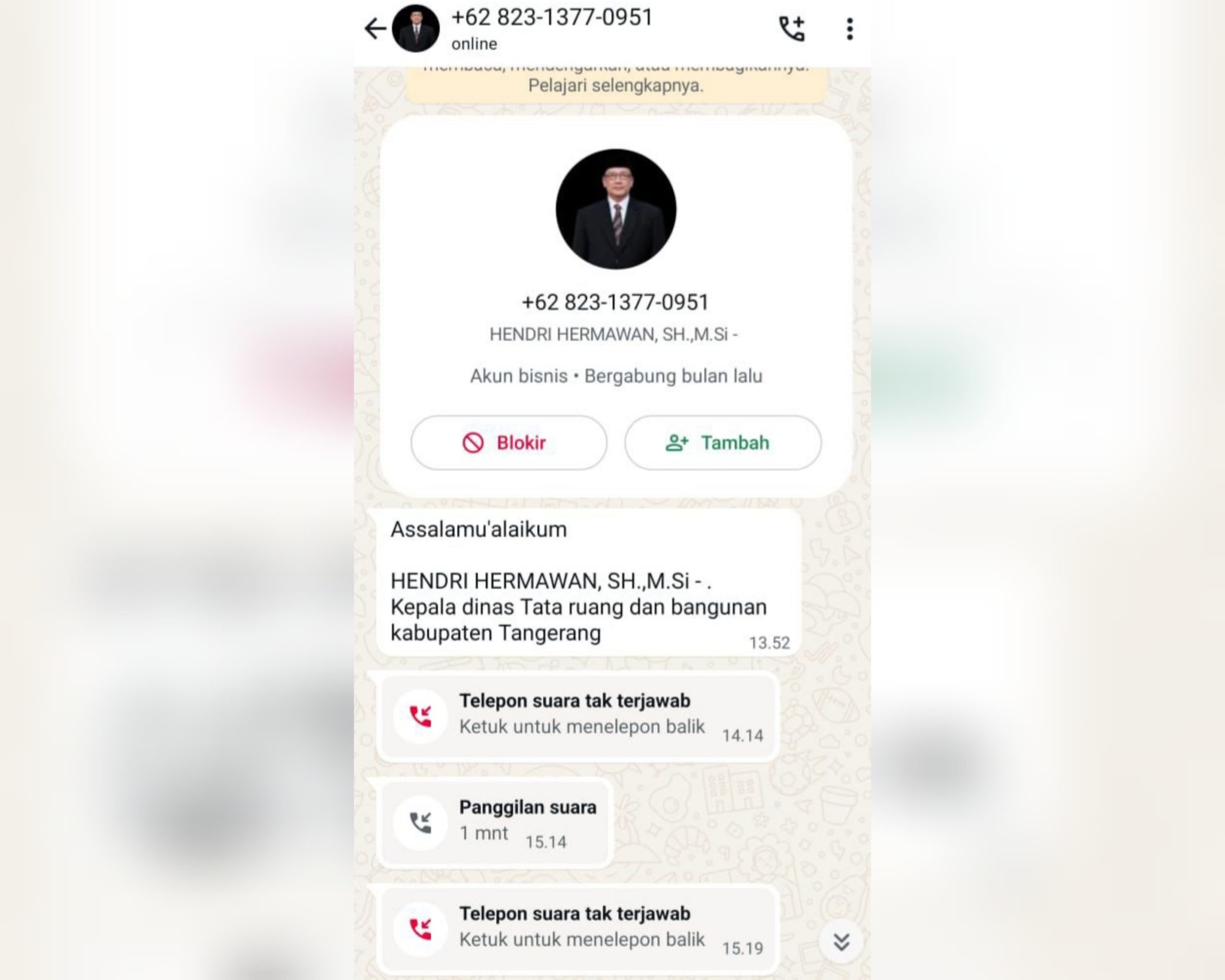 Akun WhatsApp yang mengatasnamakan Kepala Dinas Tata Ruang dan Bangunan (DTRB) Kabupaten Tangerang Hendri Hermawan.