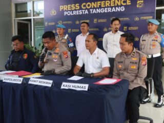 Polresta Tangerang menggelar konfrensi pers kasus kekerasan dan pelecehan seksual terhadap pegawai bank keliling di Panongan, Kabupaten Tangerang. (khi)