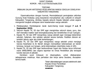 Dampak Abu Vulkanik Anak Krakatau, Disdik Kabupaten Tangerang Berlakukan PJJ 3 Hari