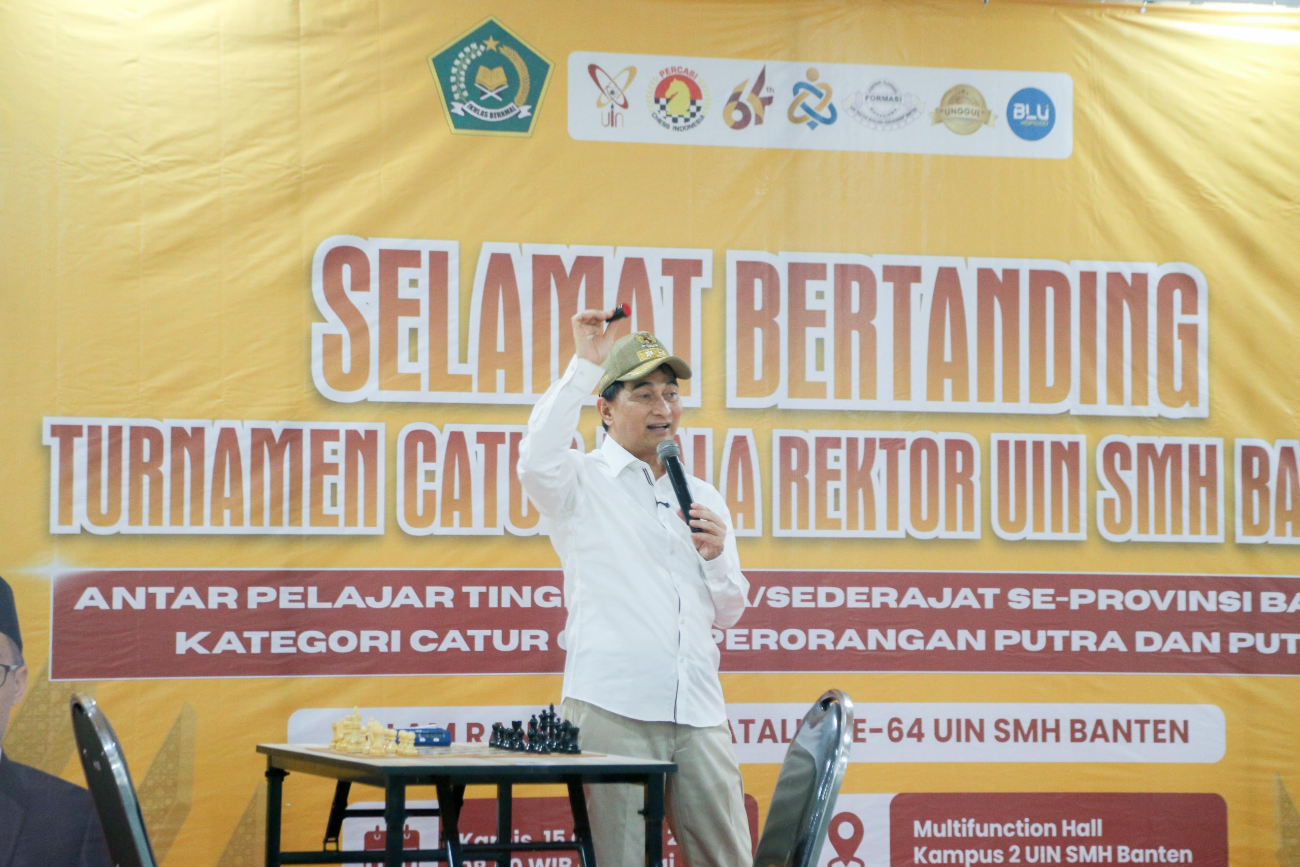 Wakil Gubernur Banten Achmad Dimyati Natakusumah memberikan sambutan saat membuka Turnamen Catur Piala Rektor UIN Sultan Maulana Hasanuddin Banten tingkat SLTA/sederajat se-Provinsi Banten, Kamis (15/10/2026).